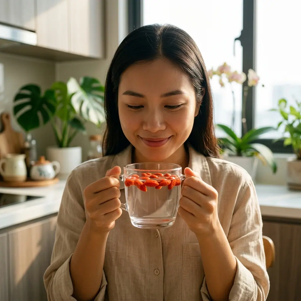 Chị Linh đang thưởng thức kỷ tử pha trà