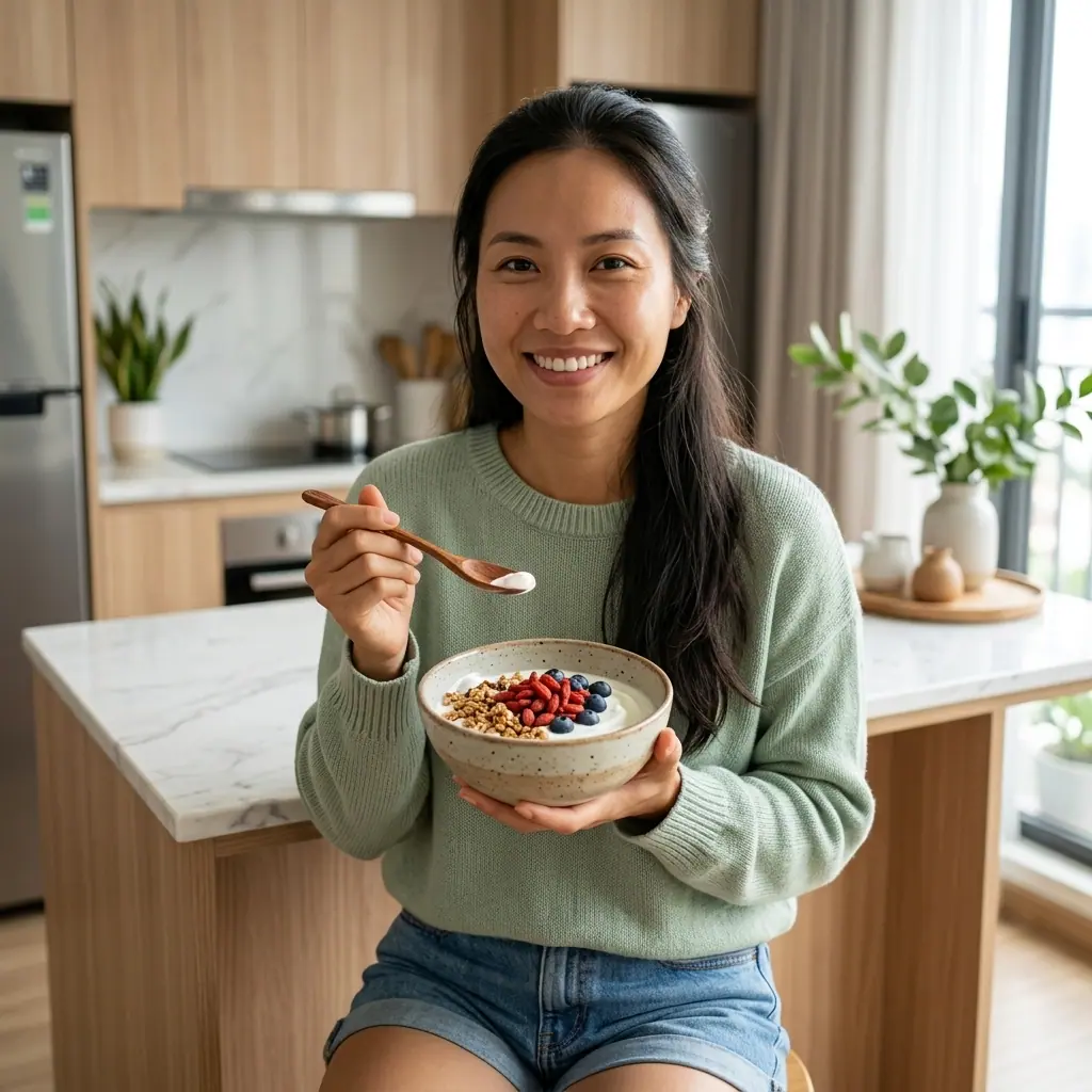 Chị Mai topping yogurt với kỷ tử