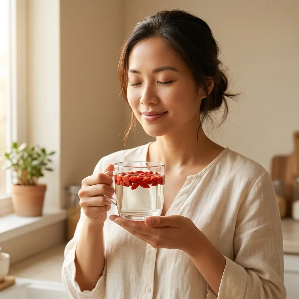 Nghi thức pha kỷ tử mỗi sáng — hạt nổi nước trong